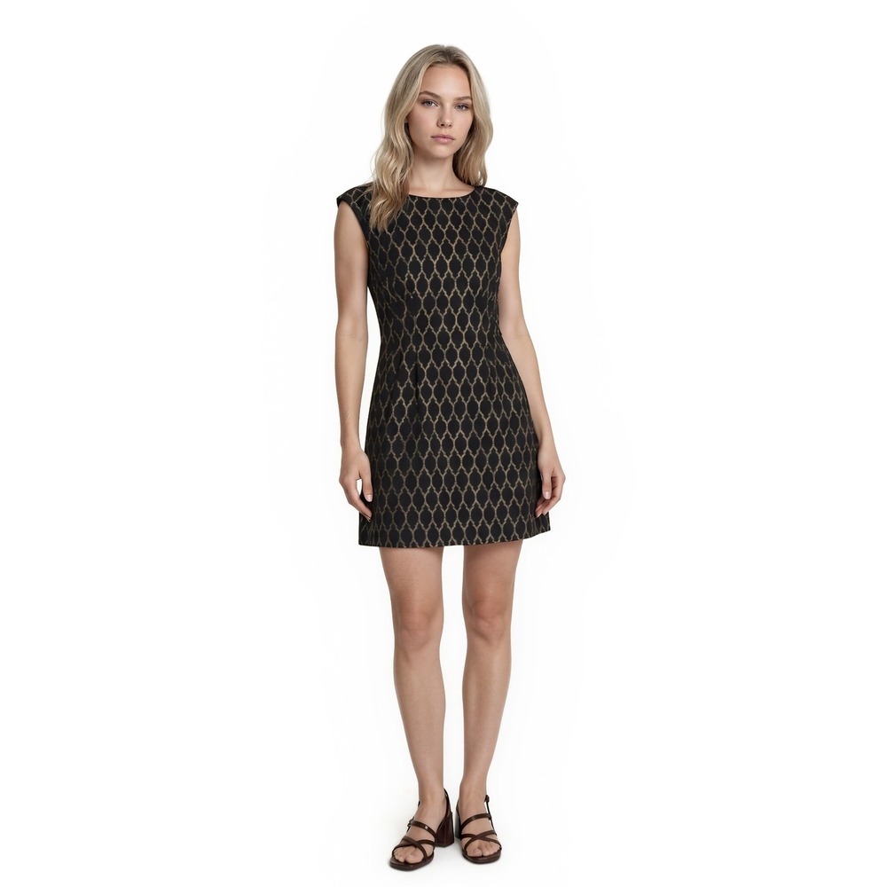 Vince Camuto Fit Flare Dress Women's Size 14 Black Gold Metallic Trellis